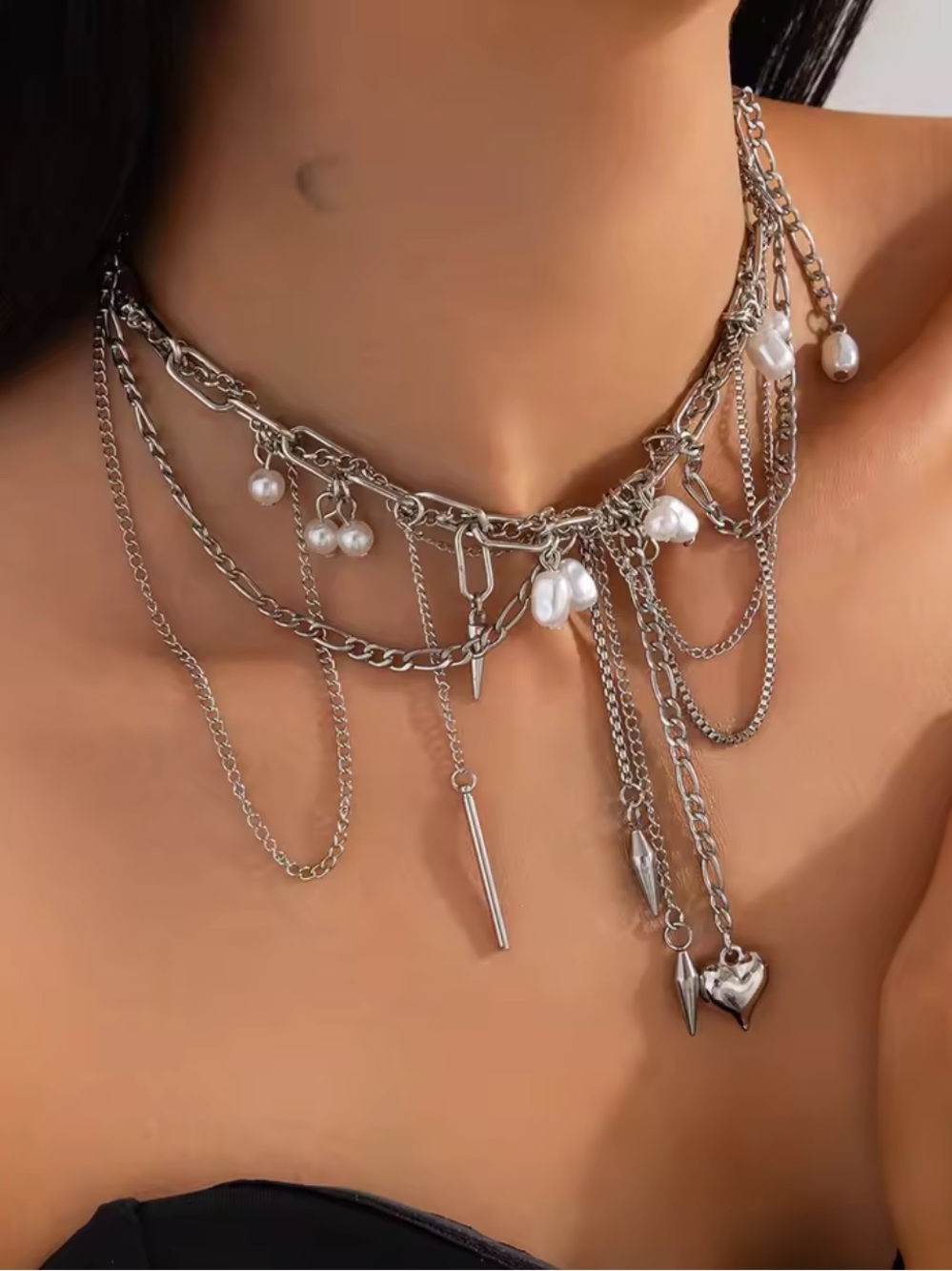 Target Silver-Tone Multi-Layer Pearl & Charm Choker Necklace - Picture 2 of 3